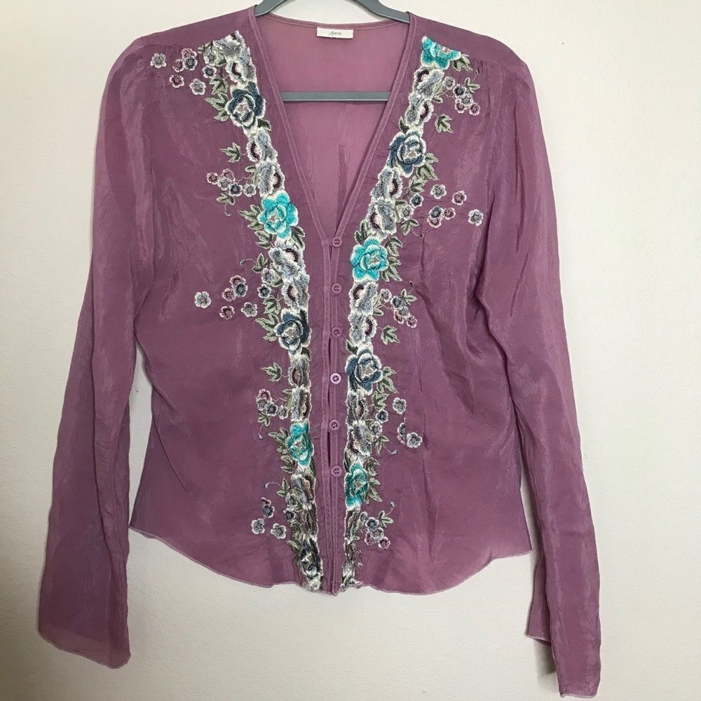 J Jill silk purple floral embroidered blouse‎ - Picture 2 of 6
